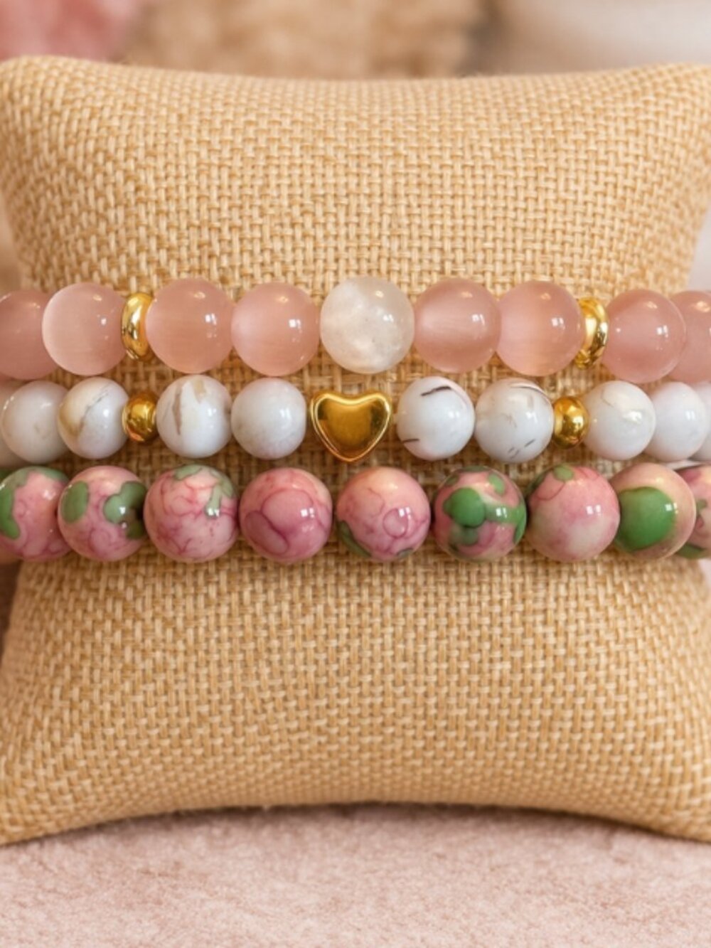 Pink Jade Cat's Eye Selenite Bracelet Set 3pc Gemstone Stack Gift Ready Jewelry